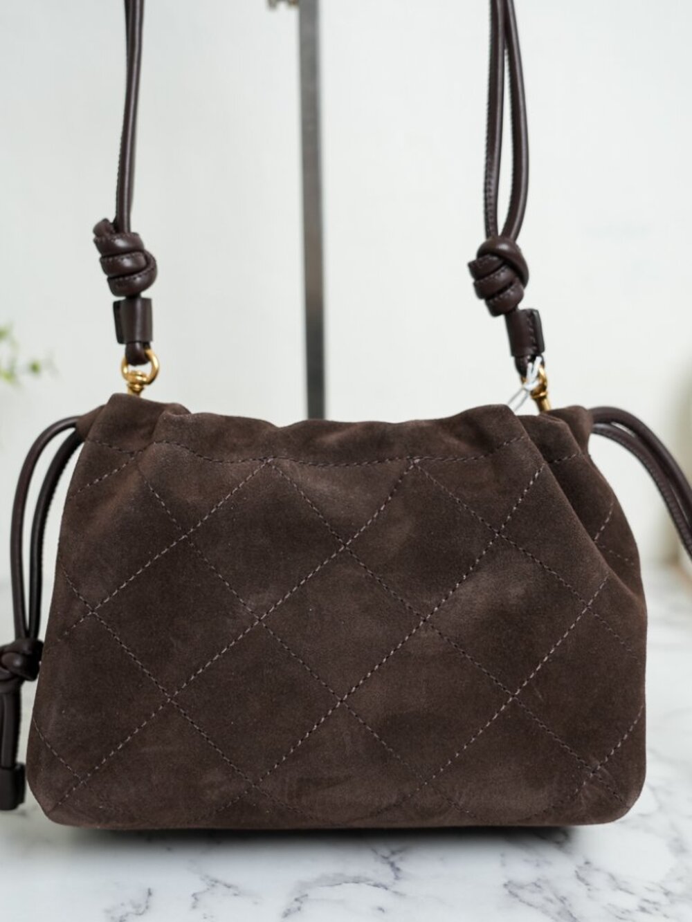 Tory Burch Willa Suede Small Drawstring Shoulder Crossbody Bag In Dark Cocoa NWT - Picture 9 of 11